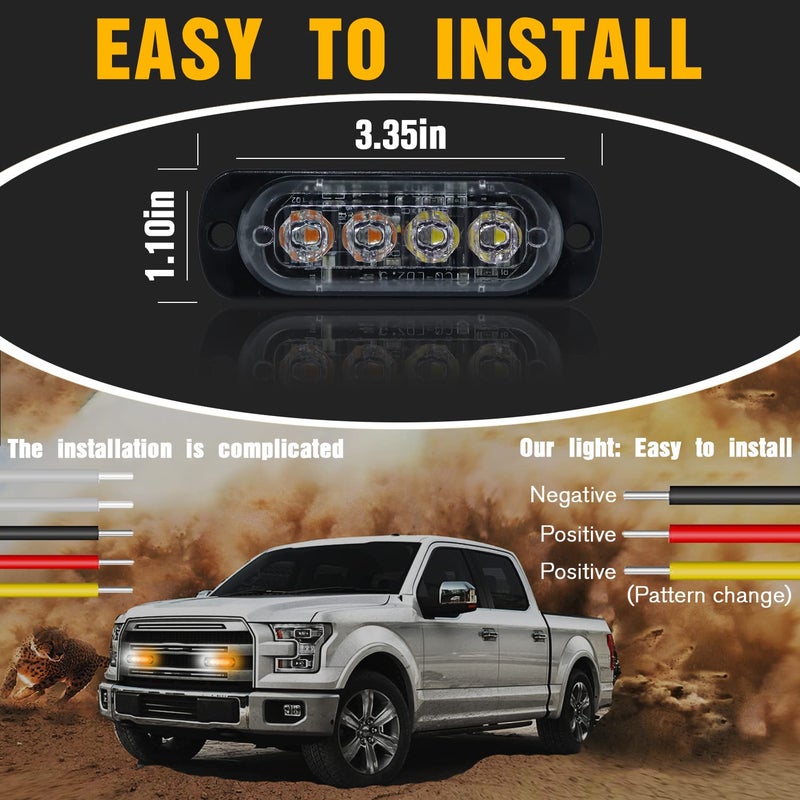 DIBMS 4x LED Emergency Strobe Lights Bar, 4 LED Amber White Warning Flashing Caution Construction Hazard Light Bar For Car Truck Van Off Road Vehicle ATV SUV - Image 5